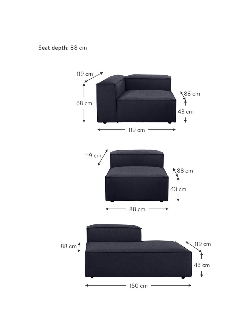 Modulaire XL chaise longue Lennon, Bekleding: 100% polyester De slijtva, Frame: massief grenenhout, FSC-g, Poten: kunststof De poten bevind, Geweven stof donkerblauw, B 357 x D 119 cm, rugleuning rechts