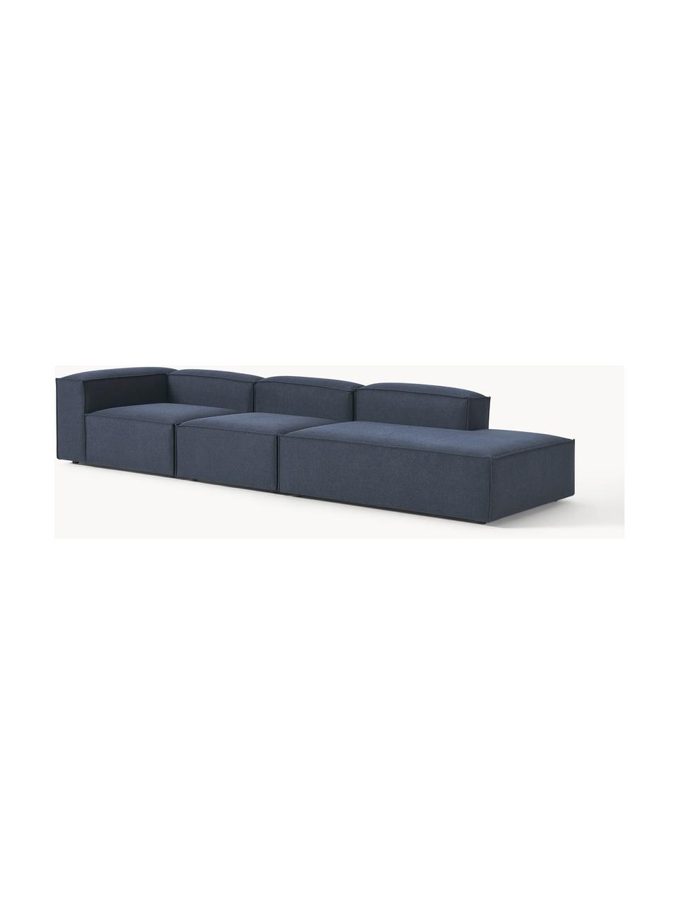 Chaise longue XL componibile Lennon, Rivestimento: 100% poliestere Con 115.0, Struttura: legno di pino massiccio, , Piedini: plastica Questo prodotto , Tessuto blu scuro, Larg. 357 x Prof. 119 cm, schienale a sinistra