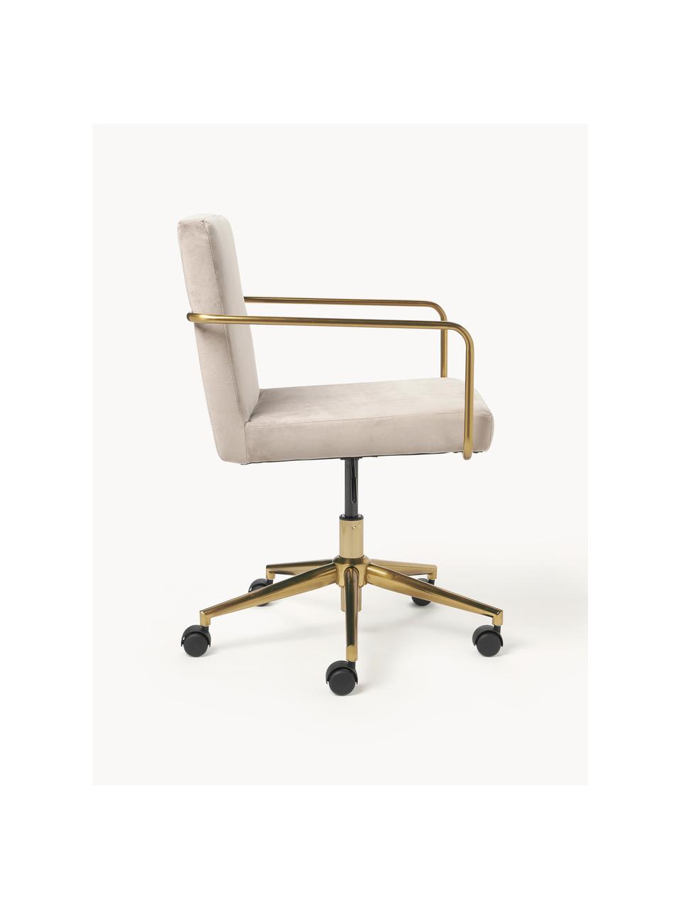 Chaise de bureau en velours avec accoudoirs Kashya, hauteur réglable, Velours beige, larg. 57 x prof. 56 cm