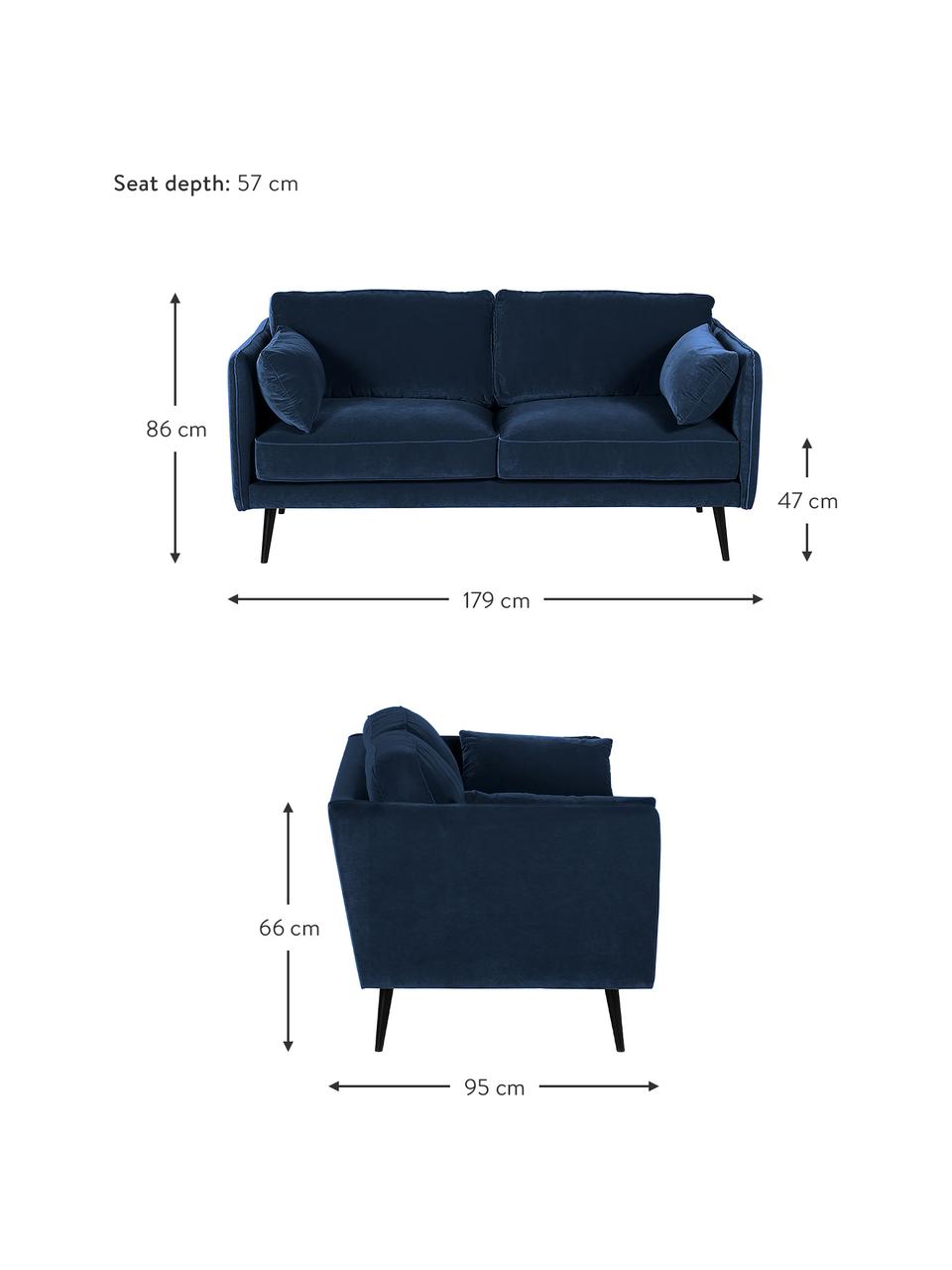 Canapé 2 places velours pieds en métal Paola, Velours bleu, larg. 179 x prof. 95 cm