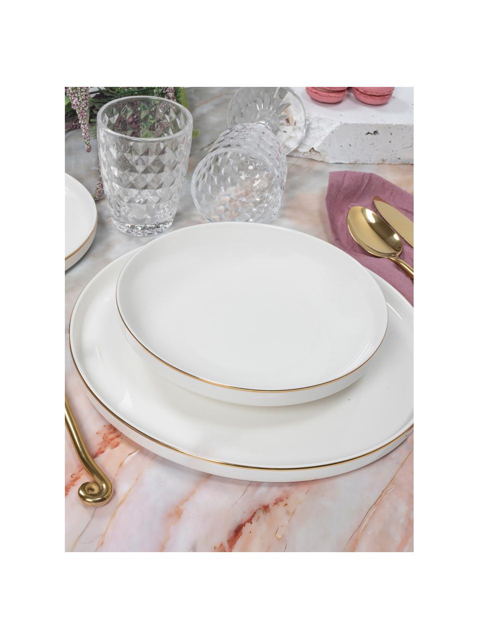 Serviesset Luxury, 4 personen (12-delig), Beenderporselein (porselein)
Fine Bone China is een zacht porselein, dat zich vooral onderscheidt door zijn briljante, doorschijnende glans., Wit met goudkleurige rand, Set met verschillende formaten