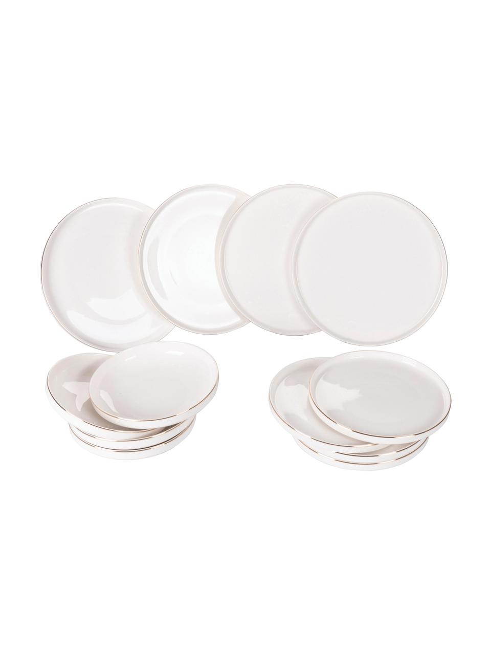 Komplet naczyń Luxury, dla 4 osób (12 elem.), Porcelana kostna (Fine Bone China)

Porcelana kostna to miękka porcelana wyróżniająca się wyjątkowym, półtransparentnym połyskiem, Biały ze złota krawędzią, Komplet z różnymi rozmiarami