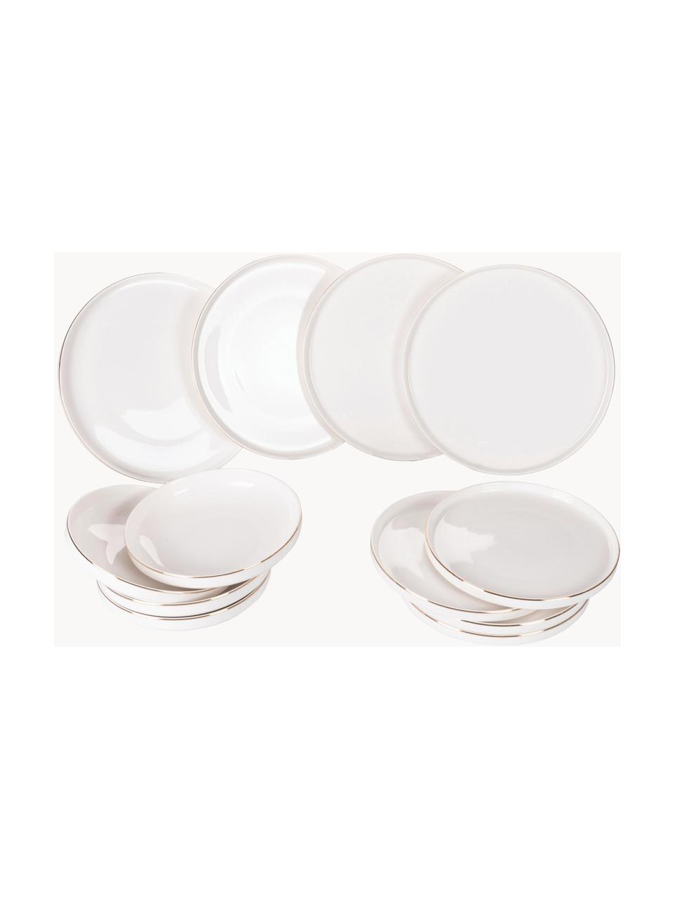 Serviesset Luxury, 4 personen (12-delig), Beenderporselein (porselein)
Fine Bone China is een zacht porselein, dat zich vooral onderscheidt door zijn briljante, doorschijnende glans., Wit met goudkleurige rand, Set met verschillende formaten