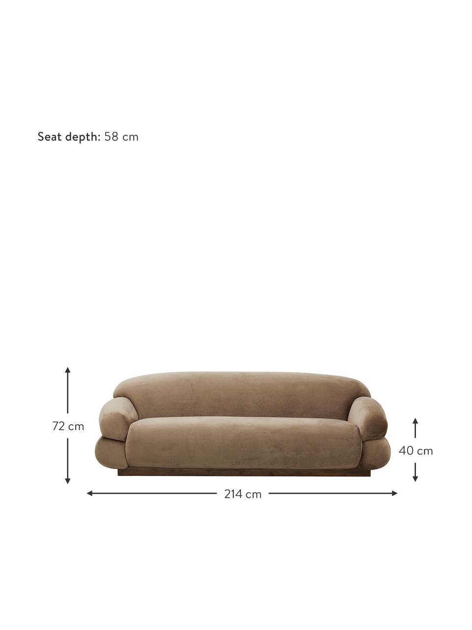 Samt-Sofa Sofie (3-Sitzer) in Braun, Bezug: Polyestersamt, Sockel: Eschenholz, Braun, B 214 x T 95 cm