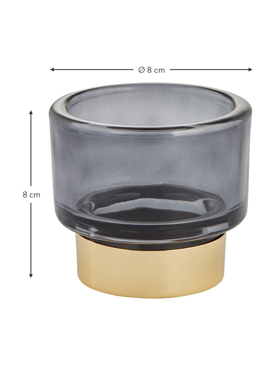 Handgefertigter Teelichthalter Miy in Dunkelgrau, Glas, Dunkelgrau, transparent, Goldfarben, Ø 8 cm