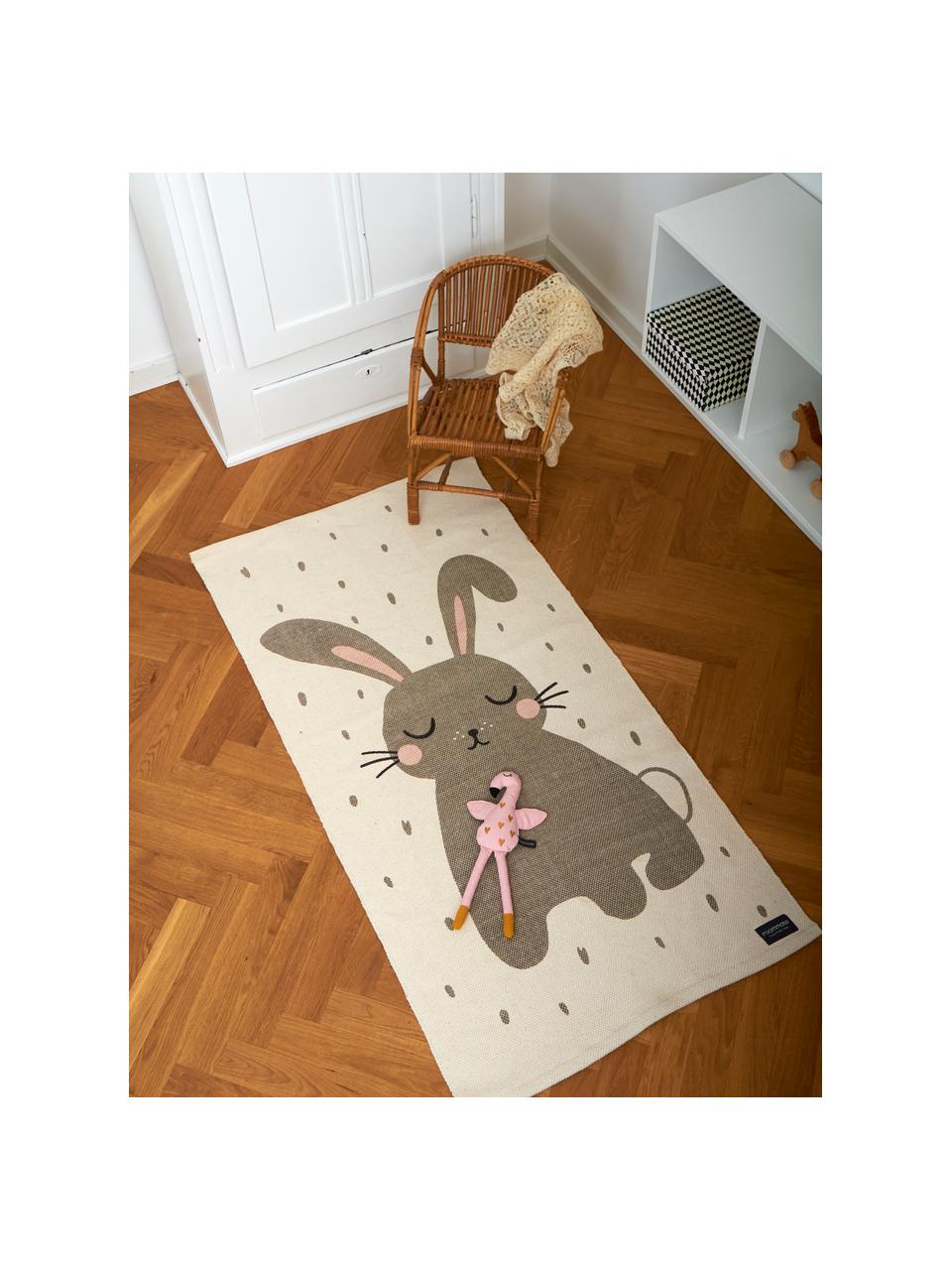 Tappeto in cotone con coniglietto Rabbit, Cotone, Bianco spezzato, Larg. 70 x Lung. 140 cm