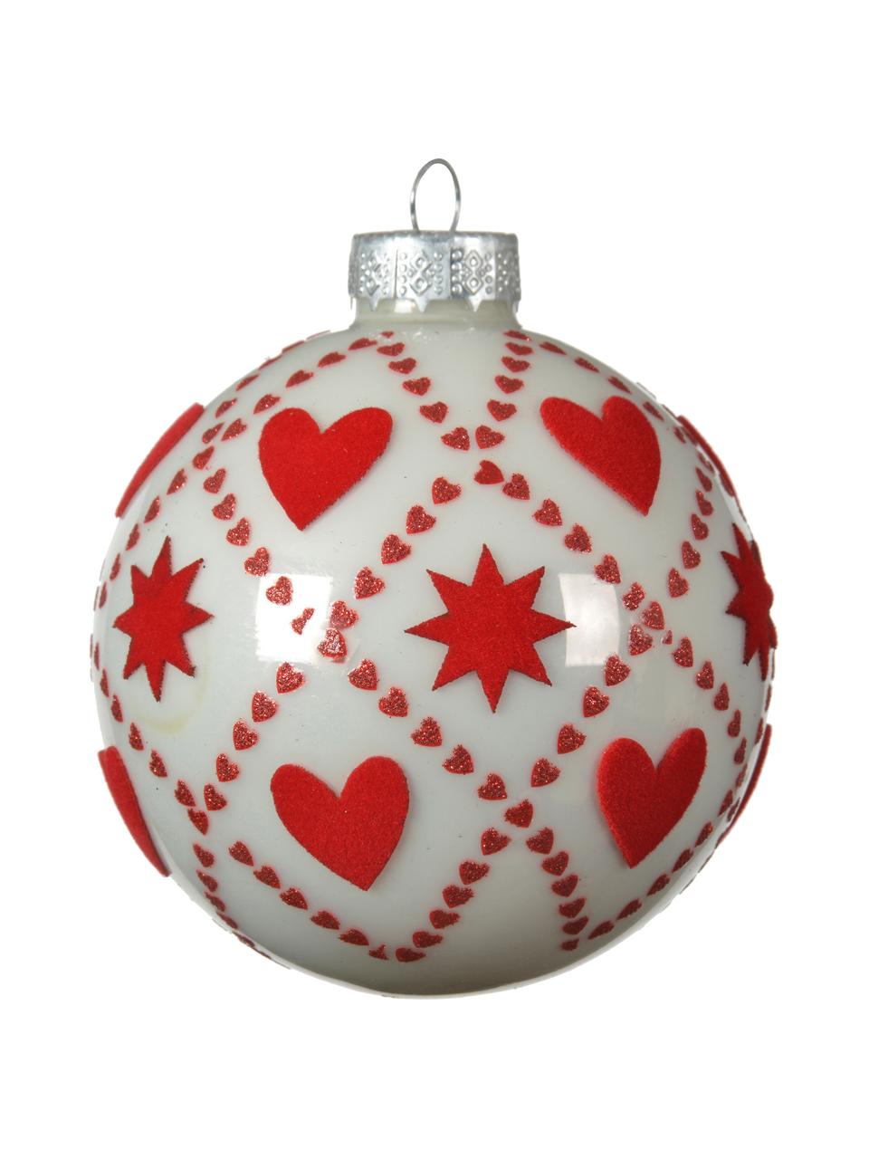 Kerstballen Karo, set van 4, Rood, gebroken wit, Ø 8 cm