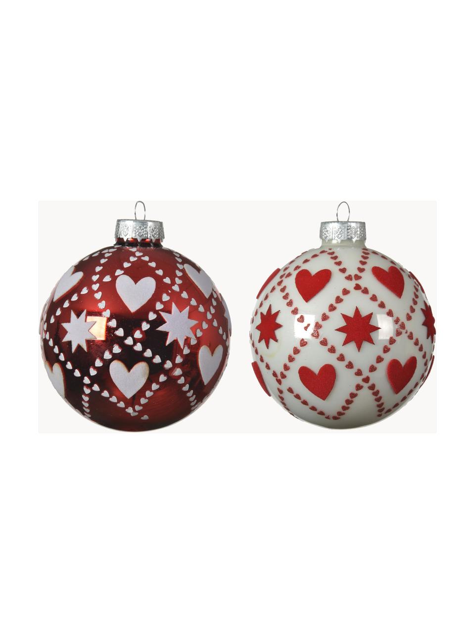 Kerstballen Karo, set van 4, Rood, gebroken wit, Ø 8 cm