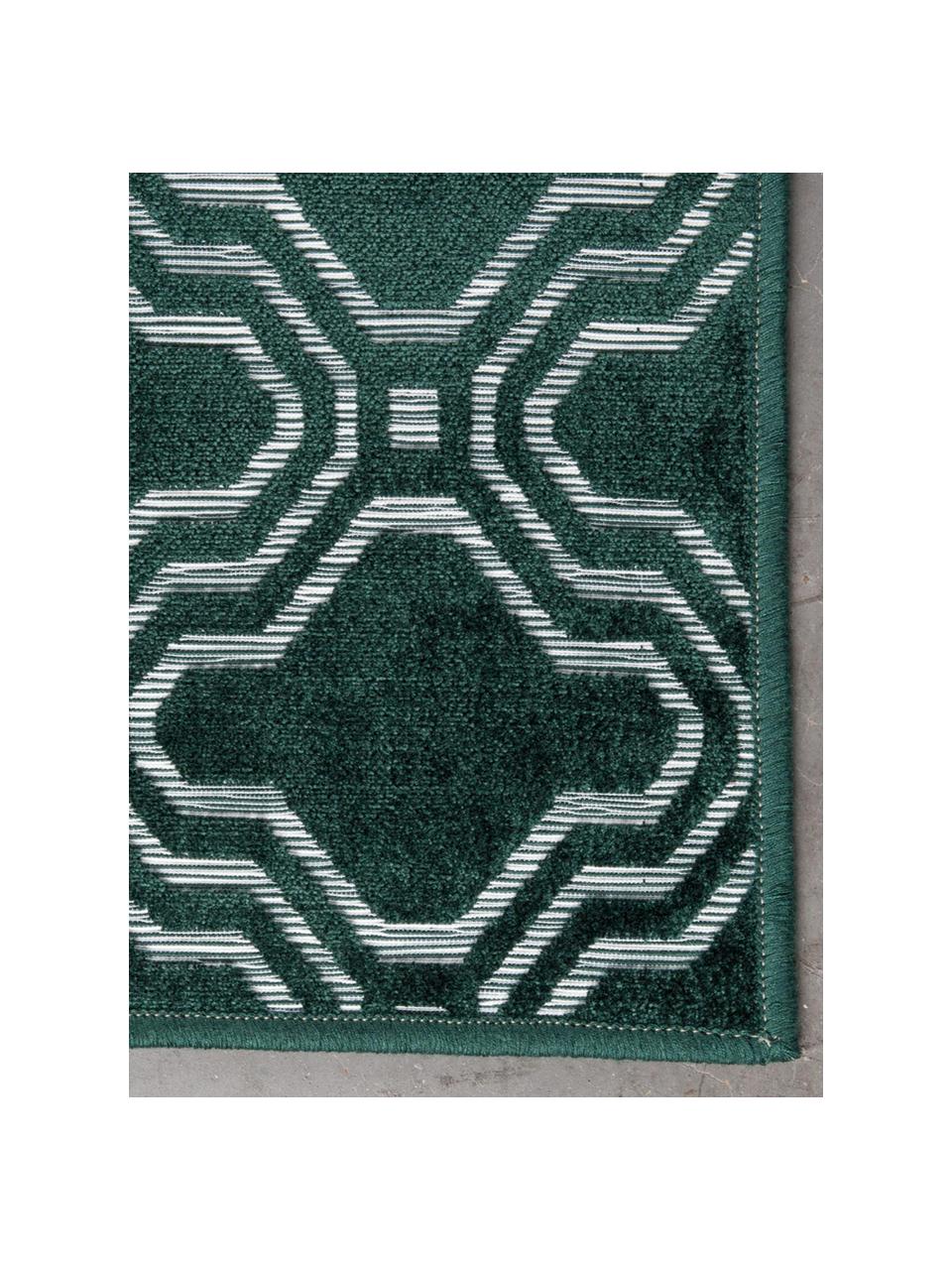 Vloerkleed Feike met hoog-laag effect in donkergroen, Bovenzijde: 52% viscose, 36% katoen, , Onderzijde: synthetisch rubber, Groen, B 160 x L 230 cm (maat M)