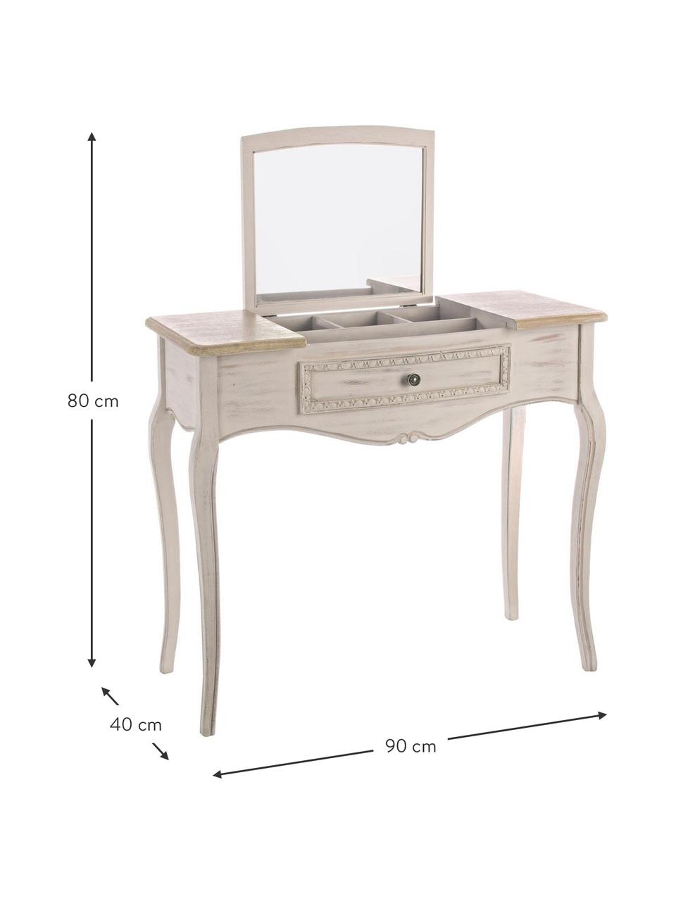 Toaletný stolík s úložným priestorom a zrkadlom Clarisse, Svetlé drevo, krémovobiela, Š 90 x H 40 cm