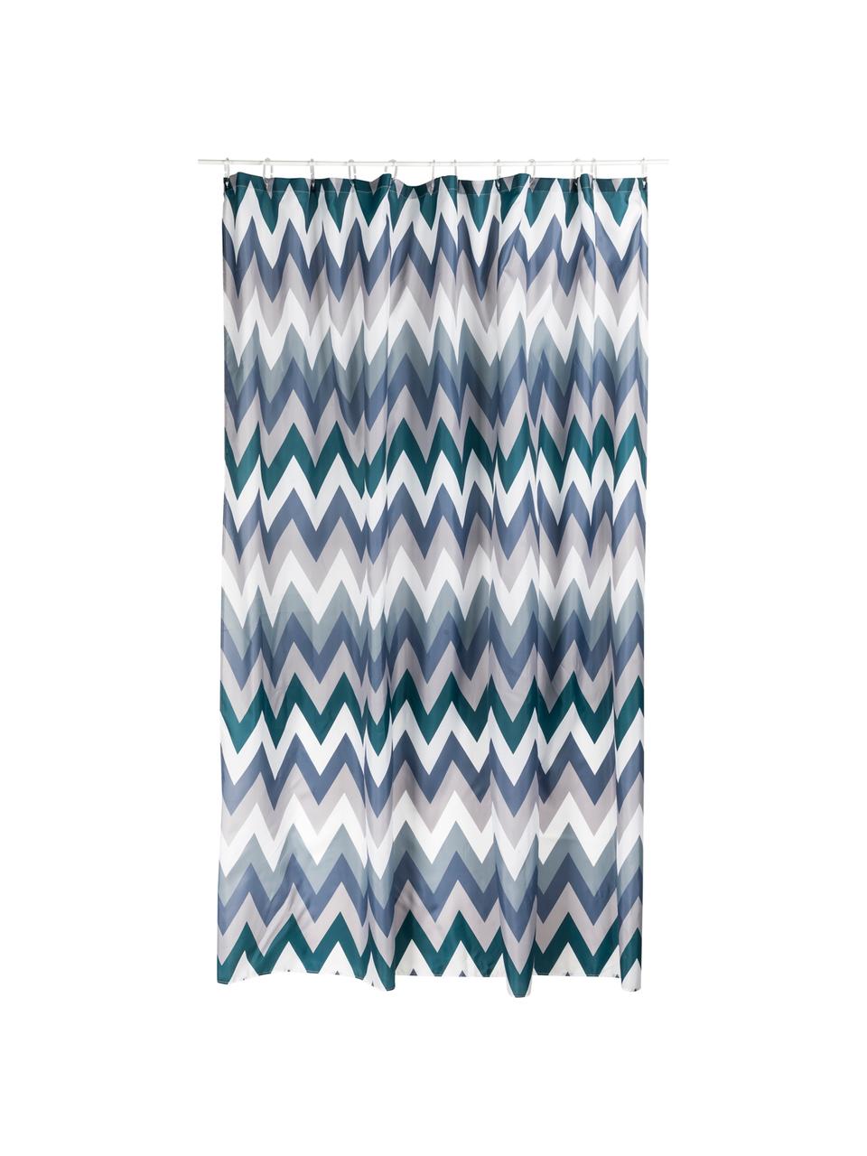 Rideau de douche à imprimé zigzag Hanneke, Bleu, gris, blanc, vert