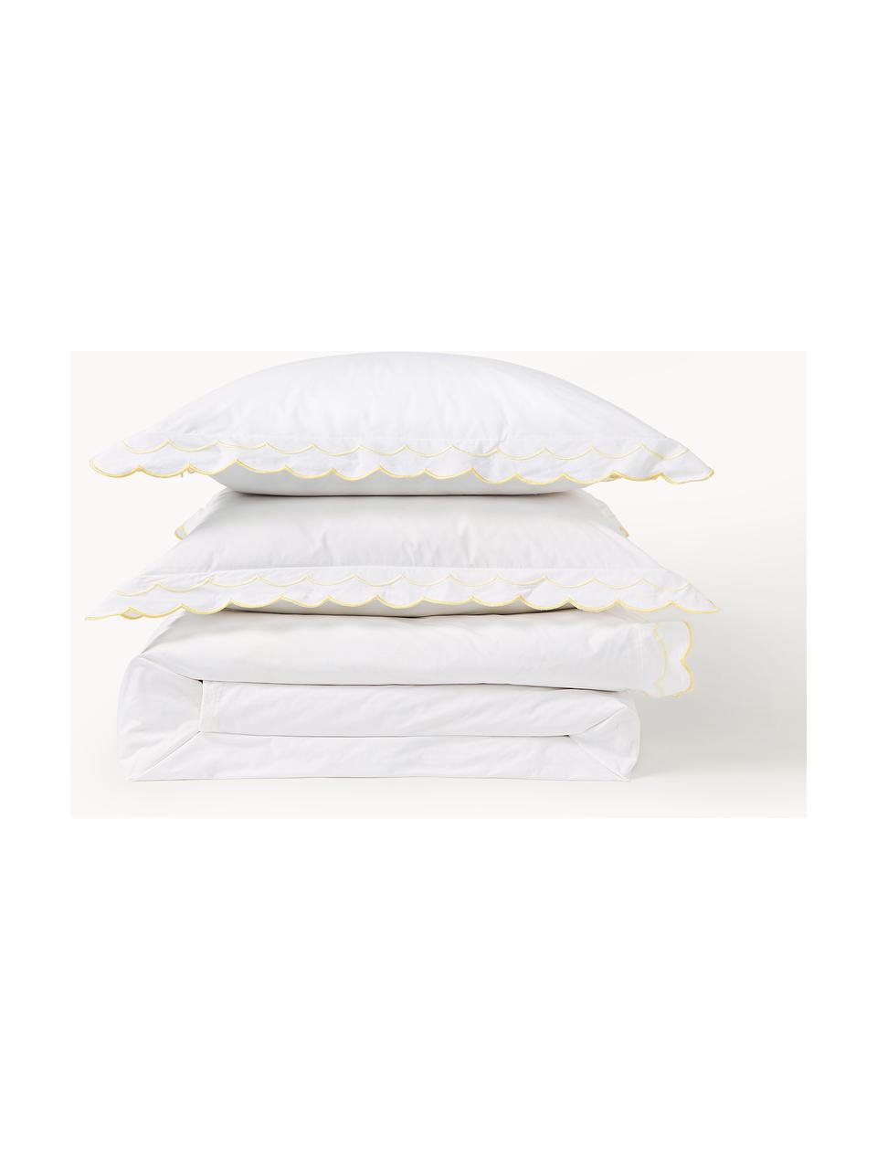 Copripiumino in cotone con volant e orlo ricamato Atina, 100% cotone
Densità del filo 200 TC, qualità comfort

La biancheria da letto in cotone è piacevolmente morbida sulla pelle, assorbe bene l'umidità ed è adatta per chi soffre di allergie, Giallo, bianco, Larg. 200 x Lung. 200 cm