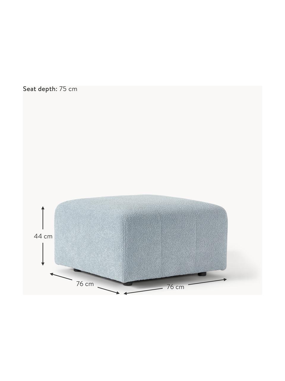 Poggiapiedi da divano in bouclé Lena, Rivestimento: bouclé (93% poliestere, 6, Rivestimento: cuscino in schiuma con an, Struttura: legno di pino, compensato, Piedini: plastica, Bouclé azzurro, Larg. 76 x Prof. 76 cm