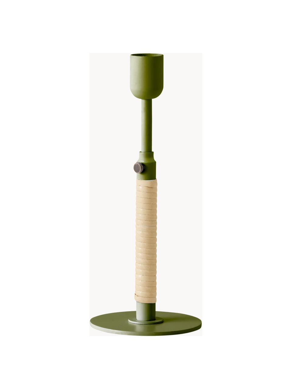 Candelabro regolabile in altezza Duca, Acciaio, verniciato a polvere, rattan, Verde oliva, beige chiaro, Ø 8 x Alt. 17 cm