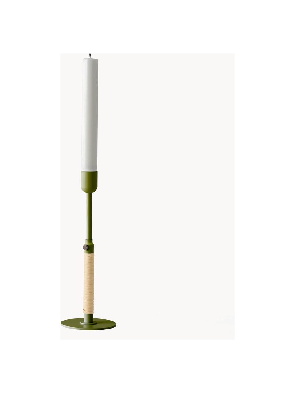 Candelabro regulable en altura Duca, Acero con pintura en polvo, ratán, Verde oliva, beige claro, Ø 8 x Al 17 cm