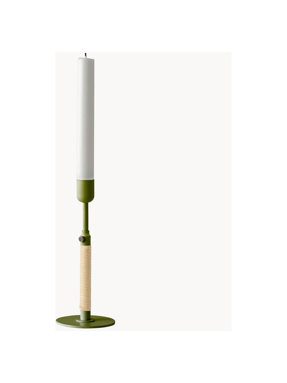 Candelabro regulable en altura Duca, Acero con pintura en polvo, ratán, Verde oliva, beige claro, Ø 8 x Al 17 cm