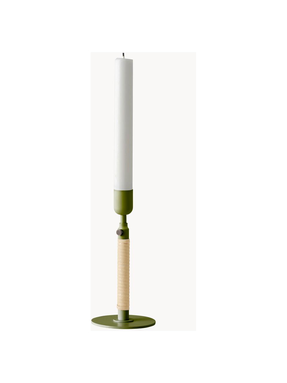 Candelabro regulable en altura Duca, Acero con pintura en polvo, ratán, Verde oliva, beige claro, Ø 8 x Al 17 cm