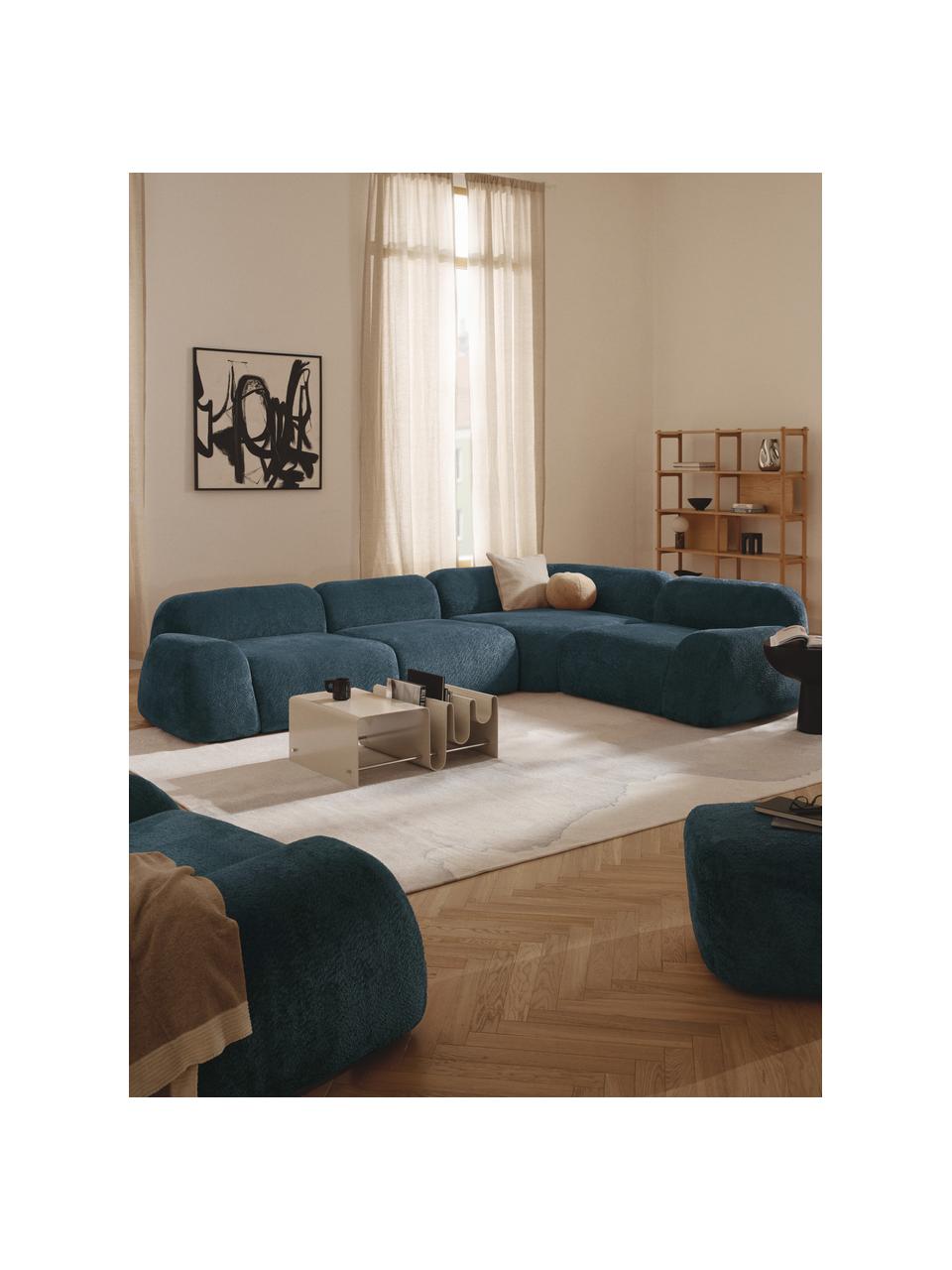 Canapé d'angle modulable 4 places en peluche-bouclé Wolke, Peluche-bouclé bleu pétrole, larg. 349 x prof. 262 cm