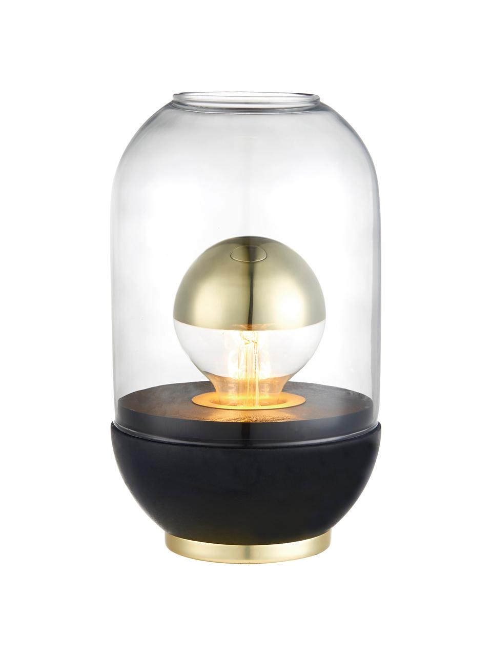 Kleine tafellamp Pillola met houten voet, Lampenkap: glas, Lampvoet: gelakt hout, Voetstuk: metaal, Transparant, zwart, Ø 14 x H 24 cm