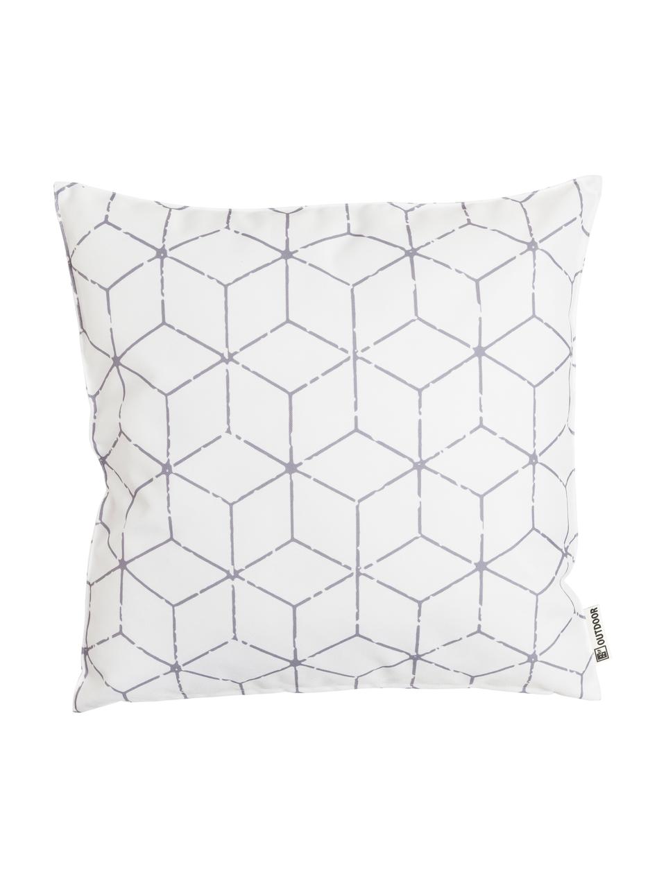 Outdoor-Kissen Cube mit grafischem Muster in Grau/Weiss, mit Inlett, 100% Polyester, Weiss, Grau, 47 x 47 cm