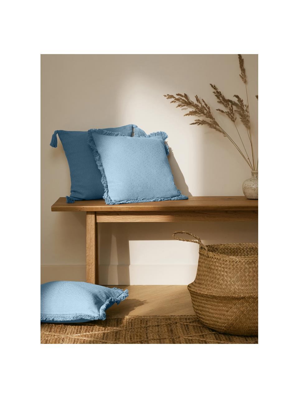 Federa arredo blu con frange decorative Lorel, 100% cotone, Blu, Larg. 40 x Lung. 40 cm