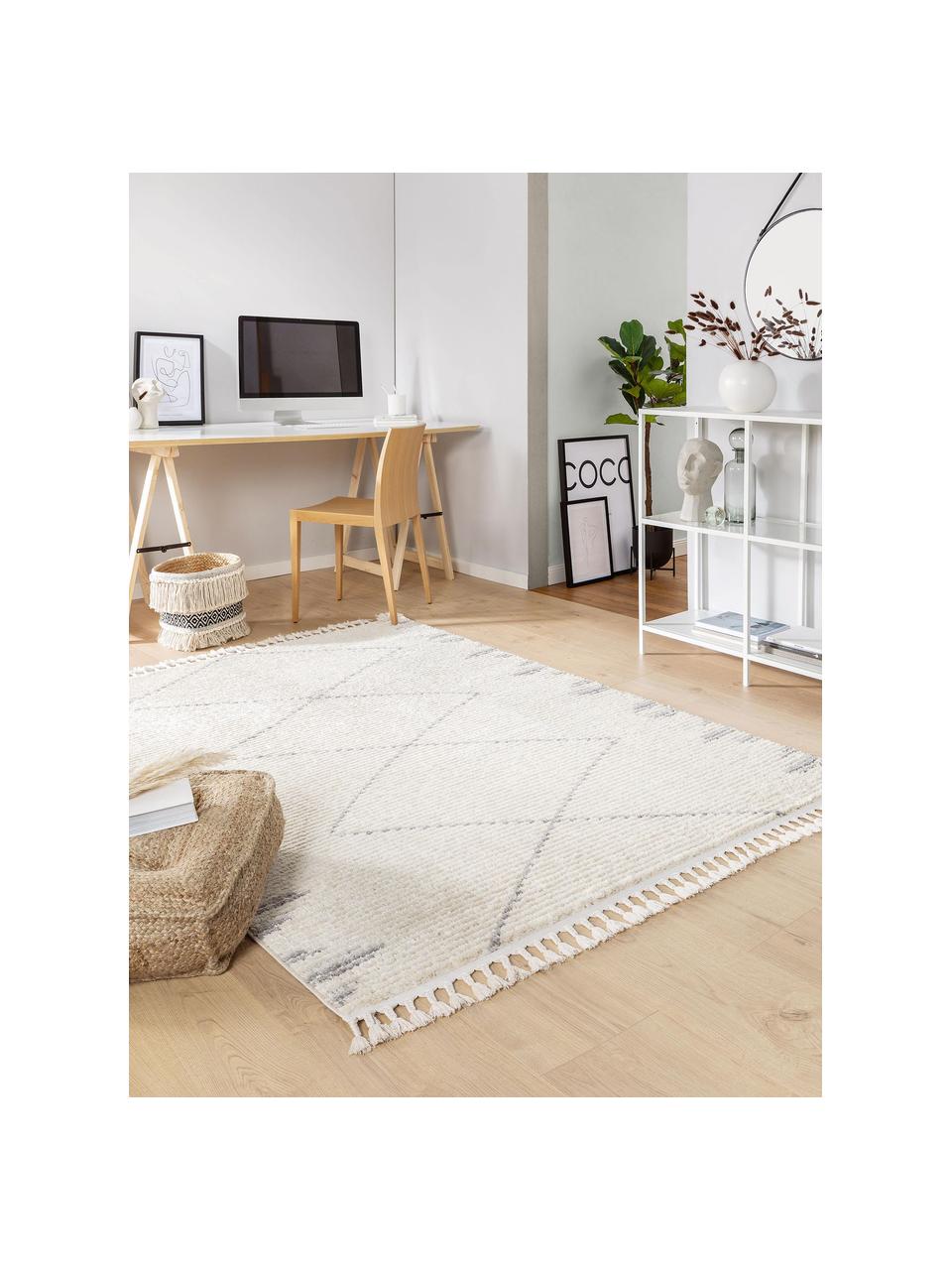 Hochflor-Teppich Bosse mit Bohomuster und Fransen, 100% Polyester, Hellbeige, Grau, B 160 x L 230 cm (Größe M)