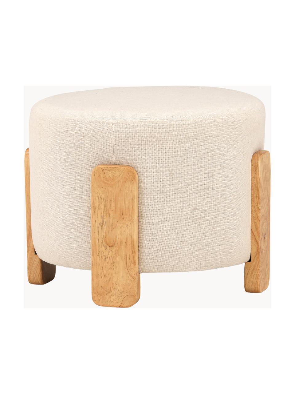 Pouf en lin Coffey, Tissu beige clair, bois d'hévéa, Ø 53 x haut. 40 cm