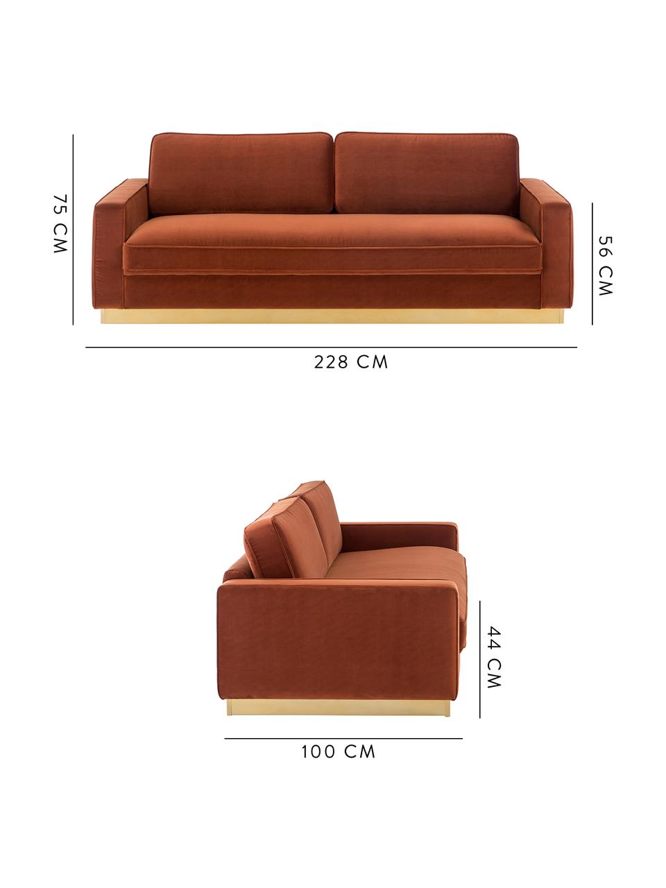 Samt-Sofa Chelsea (3-Sitzer), Bezug: Samt (Hochwertiger Polyes, Gestell: Massives Fichtenholz, Rahmen: Metall, beschichtet, Samt Rostrot, B 228 x T 100 cm