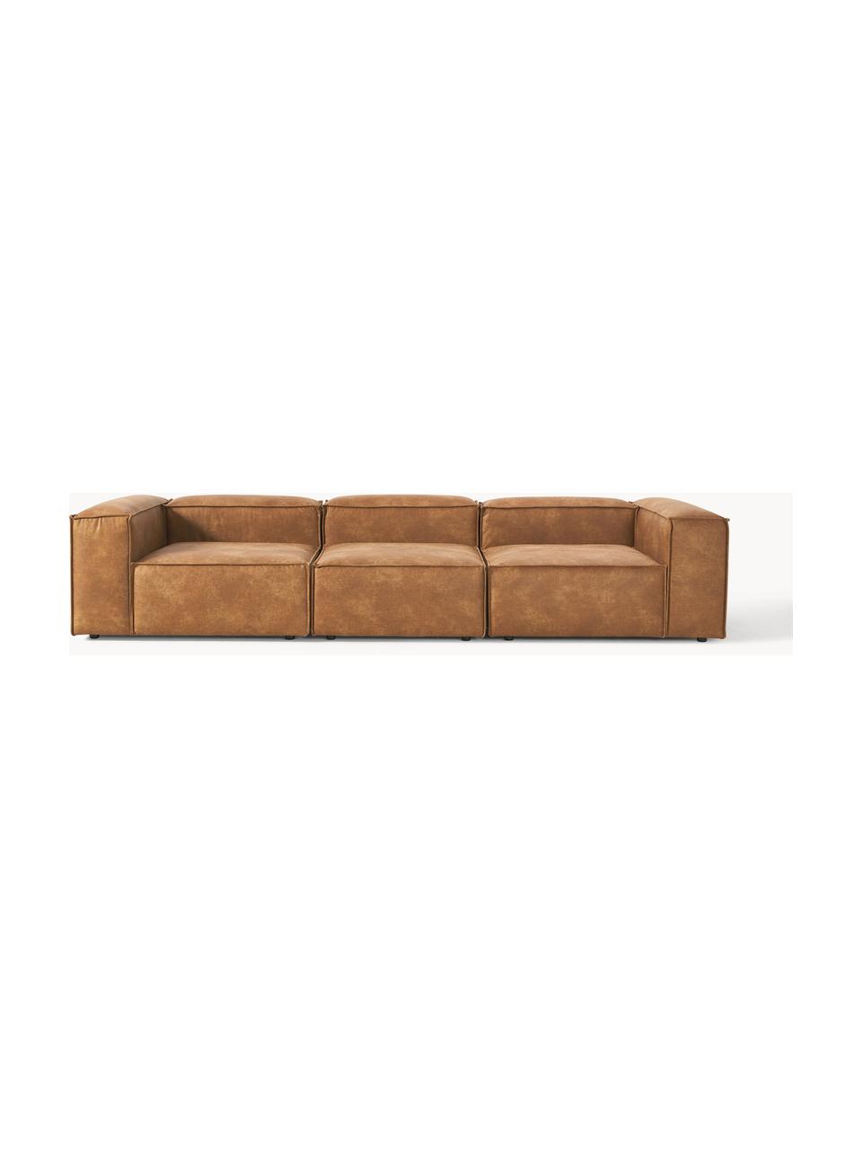 Modulares Sofa Lennon (4-Sitzer) aus recyceltem Leder, Bezug: Recyceltes Leder (70 % Le, Gestell: Massives Holz, Sperrholz, Füße: Kunststoff Dieses Produkt, Leder Braun, B 327 x T 119 cm