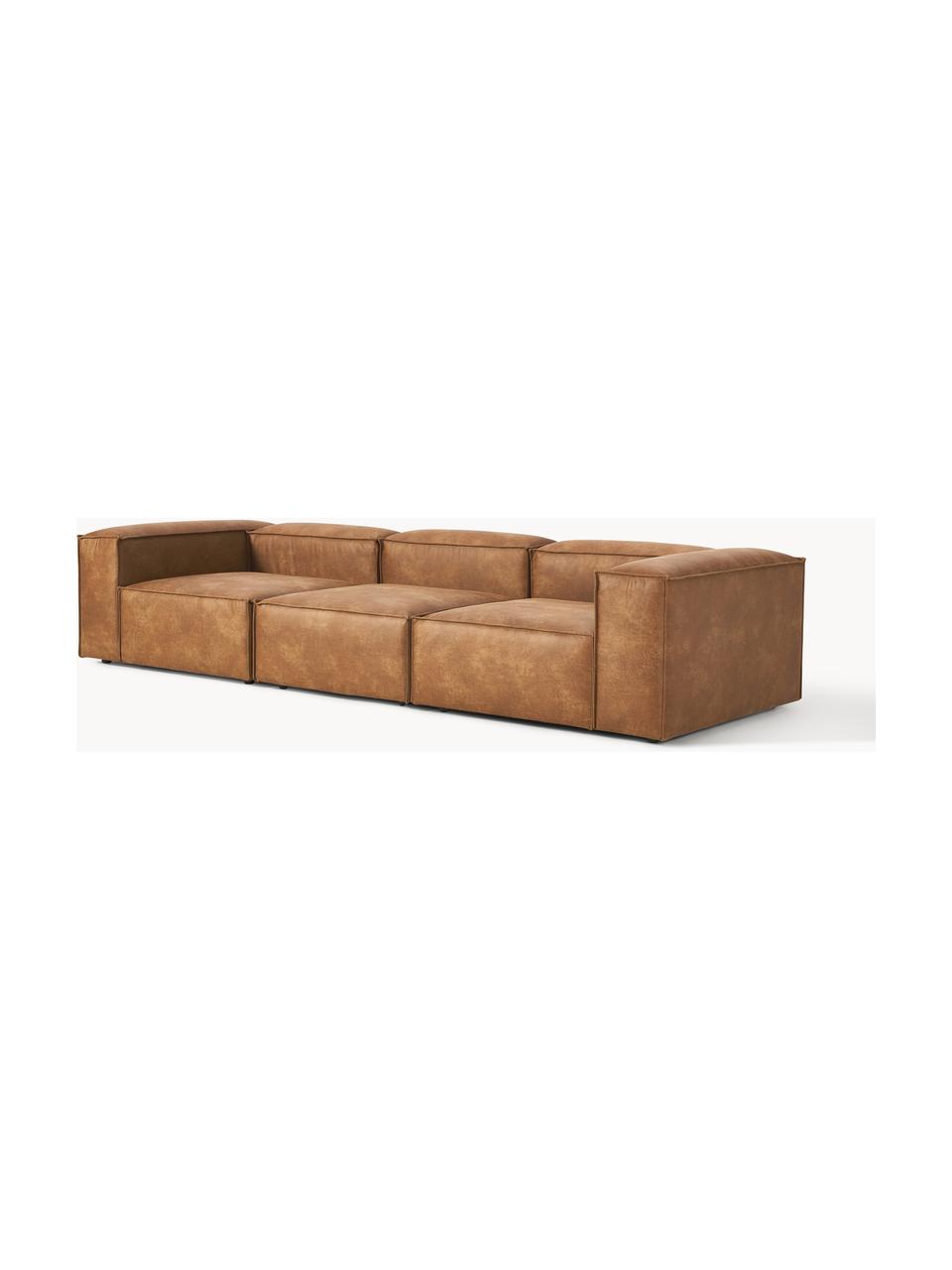 Modulares Sofa Lennon (4-Sitzer) aus recyceltem Leder, Bezug: Recyceltes Leder (70 % Le, Gestell: Massives Holz, Sperrholz, Füße: Kunststoff Dieses Produkt, Leder Braun, B 327 x T 119 cm