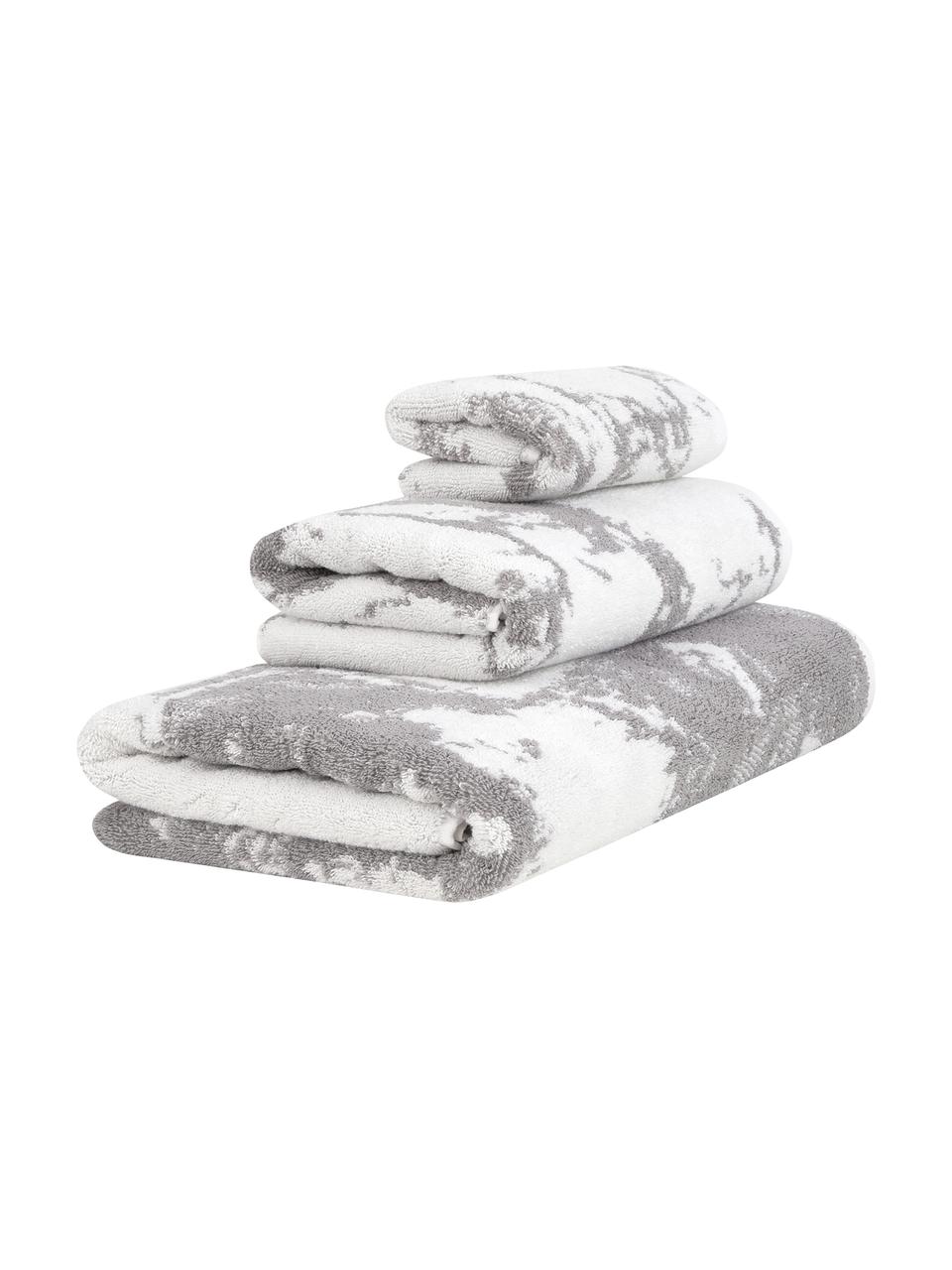 Lot de serviettes de bain à imprimé marbre Marmo, 3 élém., 100 % coton
Grammage intermédiaire 550 g/m², Gris, blanc crème, Lot de différentes tailles