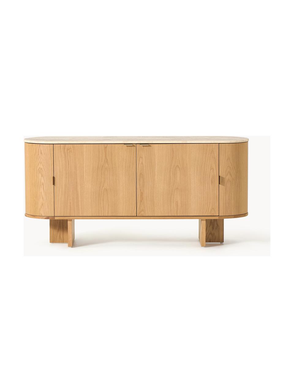 Holz-Sideboard Zumi mit abgerundeten Ecken und Travertinplatte, Korpus: Mitteldichte Holzfaserpla, Ablagefläche: Travertin, Griffe: Metall, Eichenholz, Travertin Beigetöne, B 160 x H 75 cm