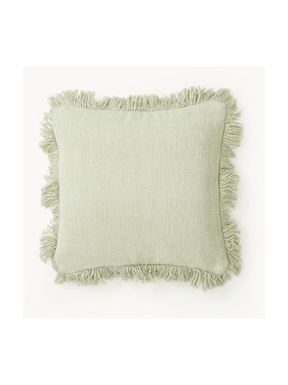 Housse de coussin 45x45 à carreaux avec franges Kaspar, 59 % laine, 41 % coton, Vert clair, larg. 45 x long. 45 cm