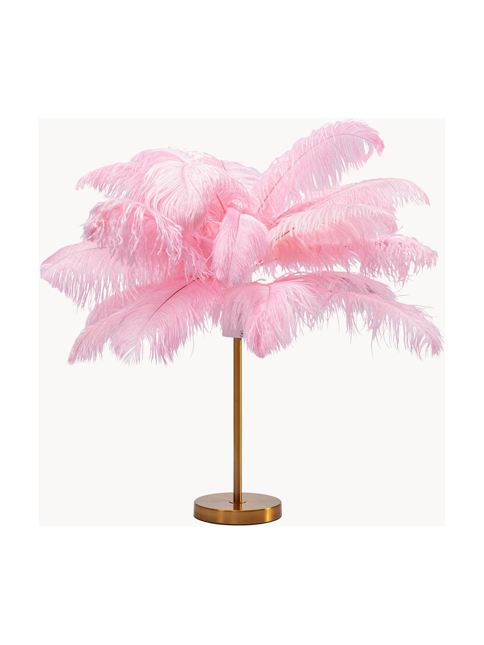 Lampada da tavolo grande Feather Palm, Paralume: piume di struzzo, Struttura: acciaio ottonato, Rosa, Ø 50 x Alt. 60 cm