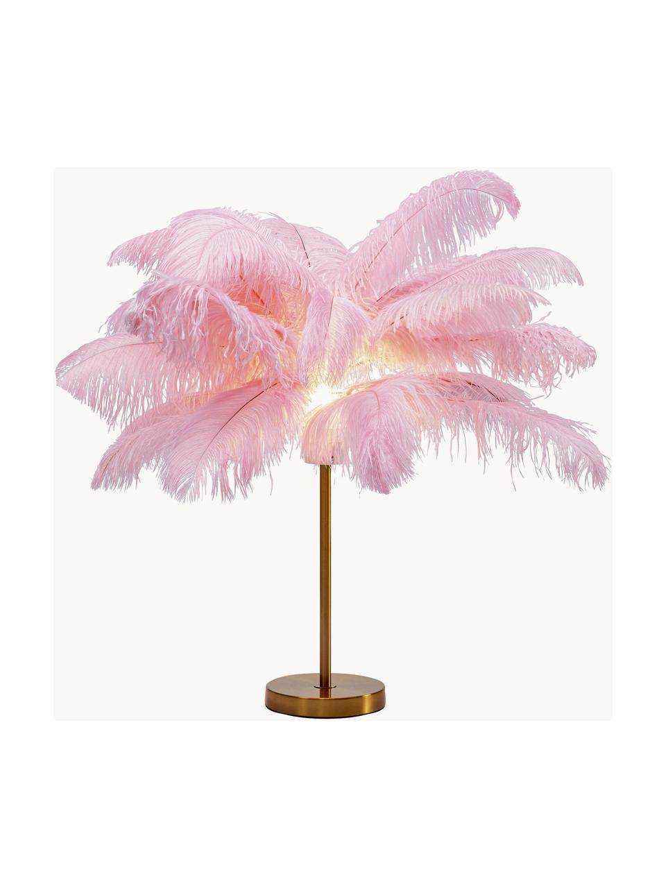 Lámpara de mesa grande Feather Palm, Pantalla: plumas de avestruz, Estructura: acero latón, Cable: plástico, Rosa, Ø 50 x Al 60 cm