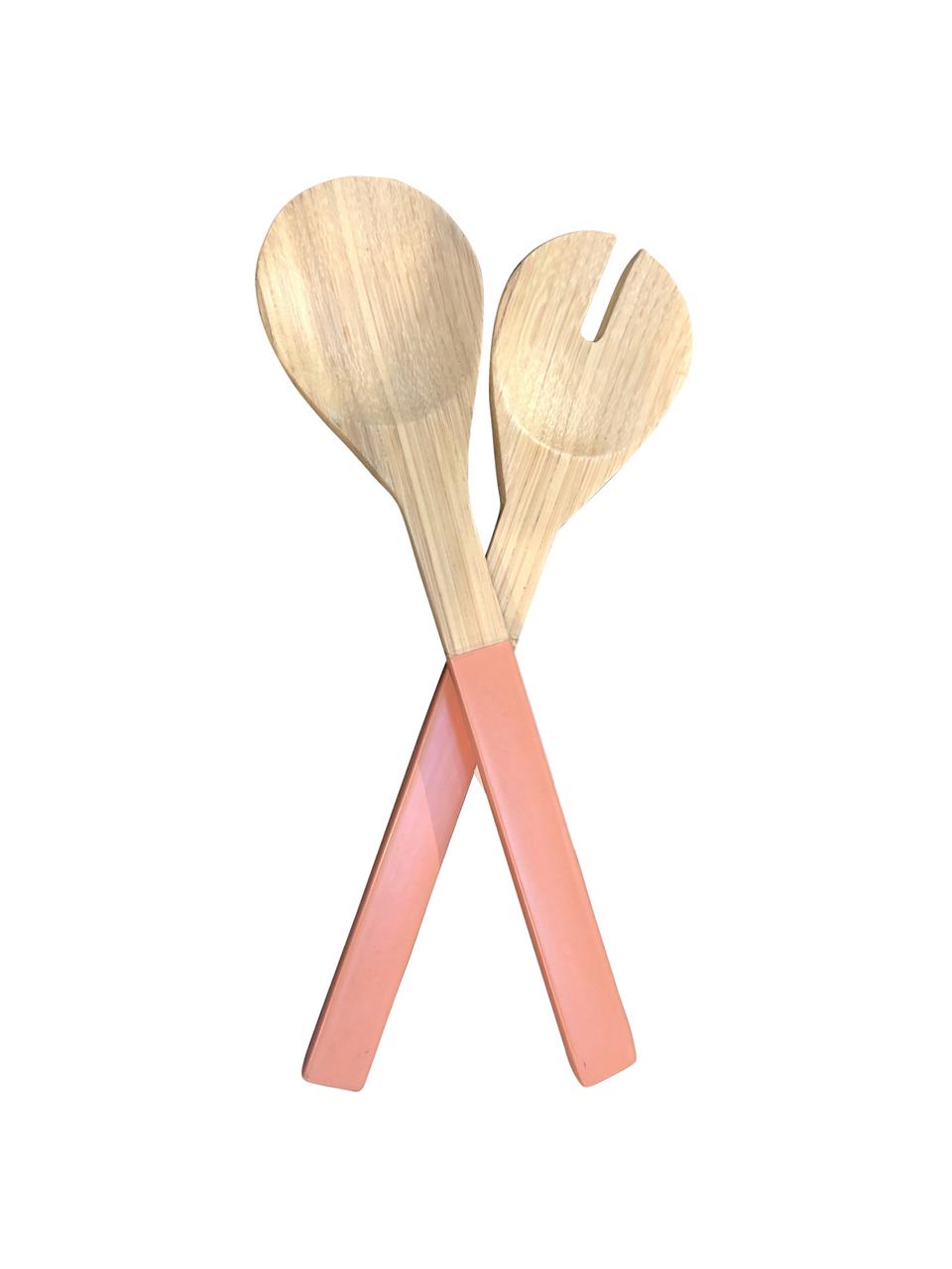 Bamboe saladebestek Tina met roze handvatten, 2-delig, Bamboehout, Roze, L 30 cm