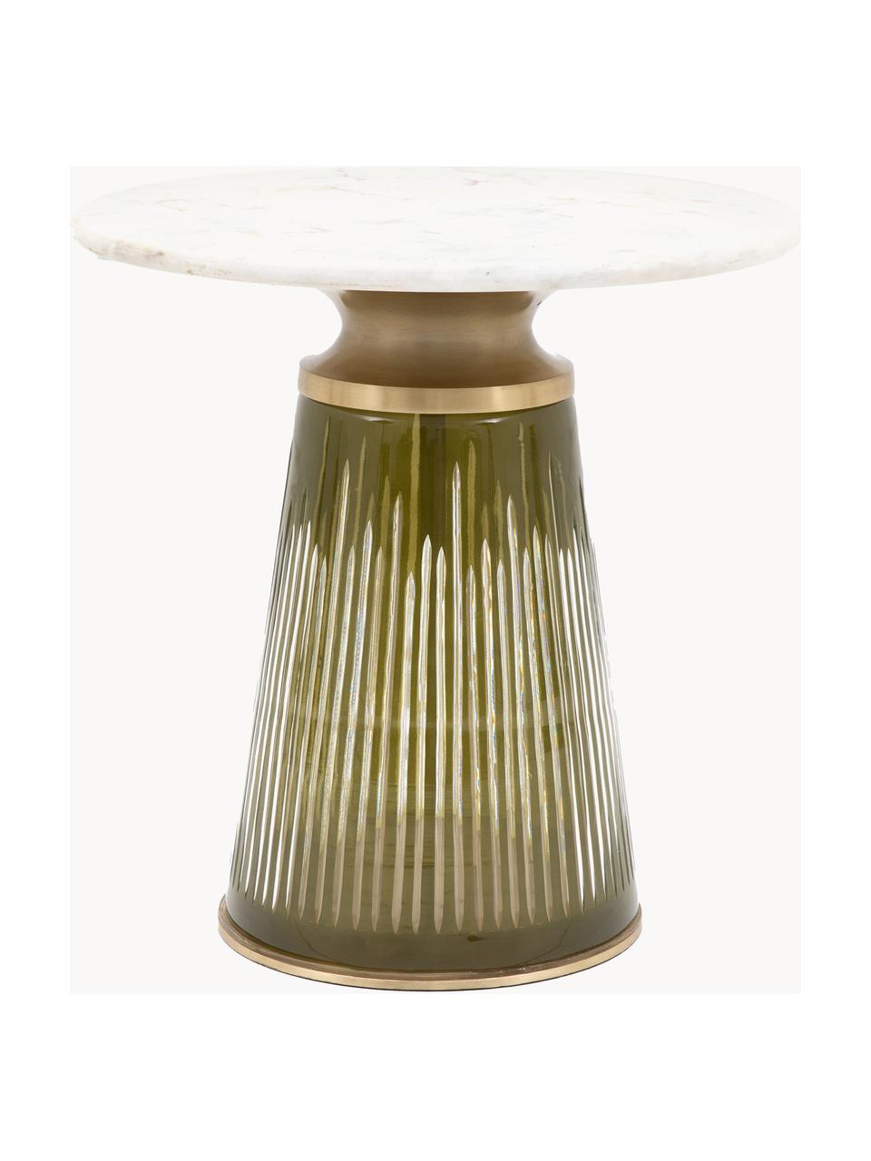 Tavolino rotondo in vetro soffiato con piano in marmo Seville, Struttura: vetro, alluminio rivestit, Verde oliva, bianco marmorizzato, Ø 46 x Alt. 46 cm