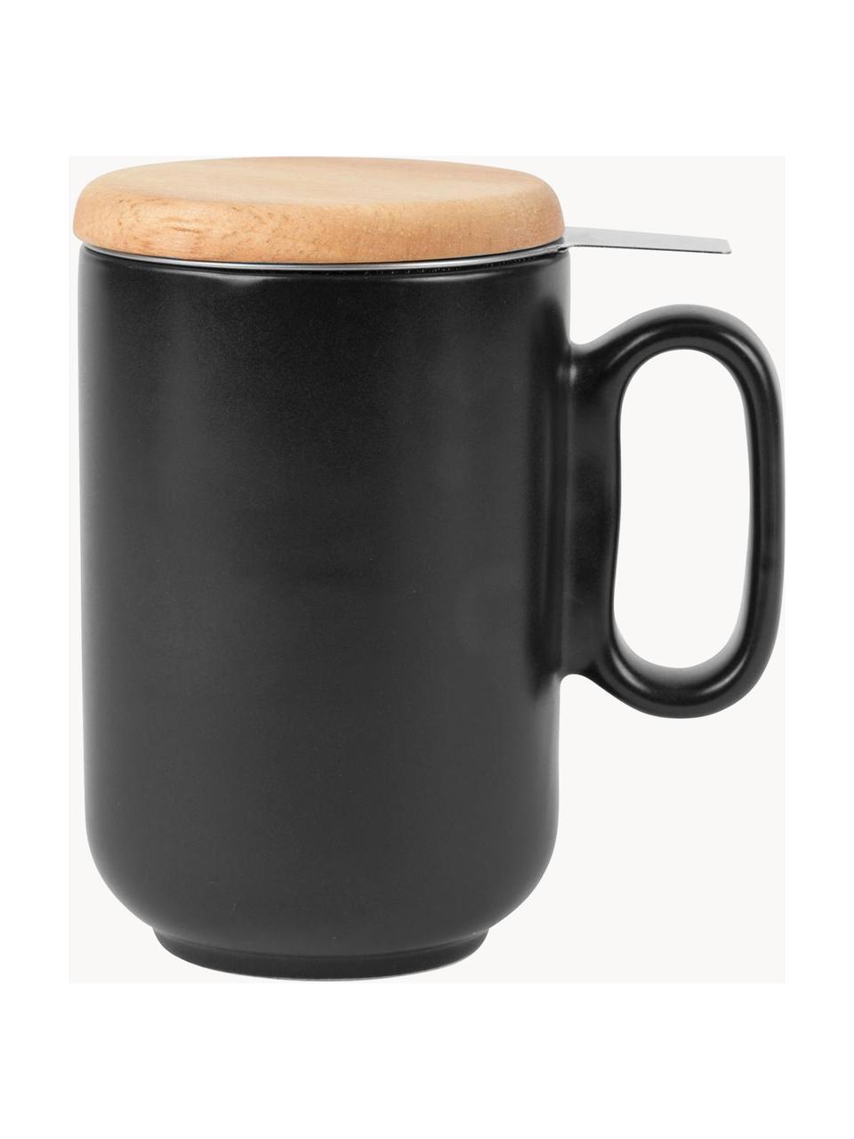 Tasse Baltika mit Teesieb und Deckel, Becher: Steingut, Deckel: Bambus, Sieb: Rostfreier Stahl, Schwarz, Helles Holz, Ø 9 x H 14 cm, 500 ml