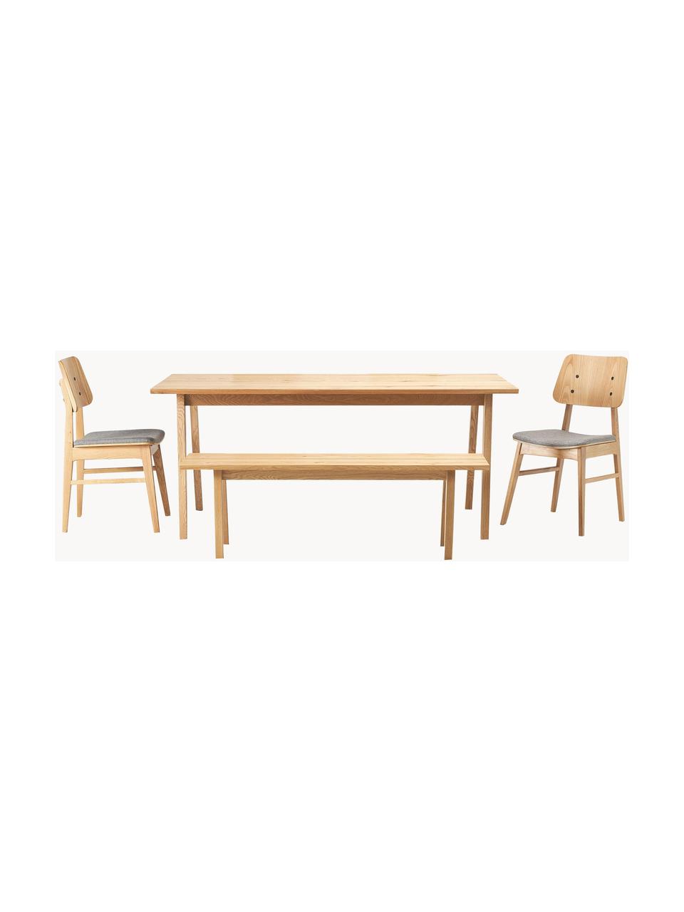 Eettafelset Melfort met zitbank en stoelen Nagano, 4-delig, Tafelblad: MDF met wild eikenhoutfin, Poten: massief berkenhout met ei, Zitvlak: MDF met wild eikenhoutfin, Poten: massief berkenhout met ei, Hout, geweven stof lichtgrijs, Set met verschillende formaten