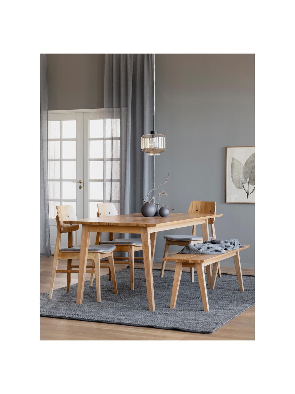 Eettafelset Melfort met zitbank en stoelen Nagano, 4-delig, Tafelblad: MDF met wild eikenhoutfin, Poten: massief berkenhout met ei, Zitvlak: MDF met wild eikenhoutfin, Poten: massief berkenhout met ei, Hout, geweven stof lichtgrijs, Set met verschillende formaten