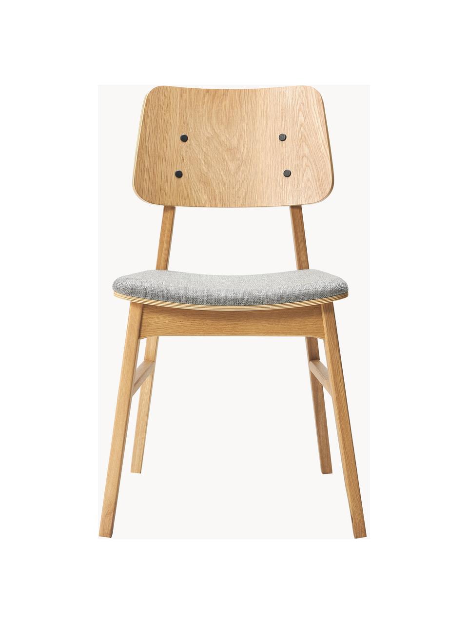 Eettafelset Melfort met zitbank en stoelen Nagano, 4-delig, Tafelblad: MDF met wild eikenhoutfin, Poten: massief berkenhout met ei, Zitvlak: MDF met wild eikenhoutfin, Poten: massief berkenhout met ei, Hout, geweven stof lichtgrijs, Set met verschillende formaten