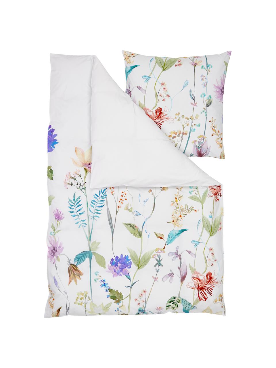 Posteľná bielizeň z bavlneného perkálu s akvarelovým kvetinovým vzorom Meadow, Viacfarebná, biela, 135 x 200 cm + 1 vankúš 80 x 80 cm
