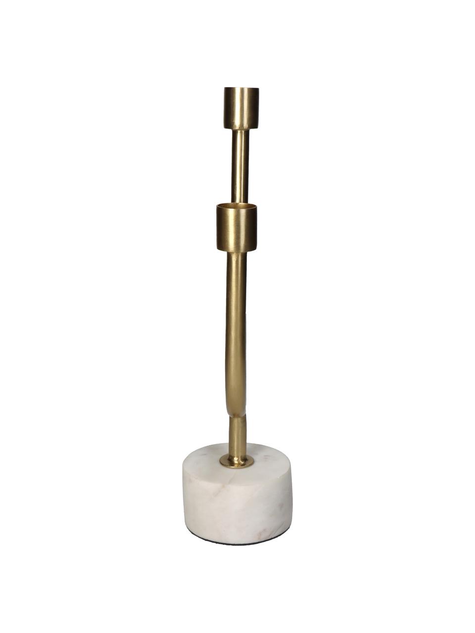 Candelabro dorato Siga, Candelabro: metallo rivestito, Gambo: marmo, Marmo bianco, dorato, Larg. 14 x Alt. 31 cm