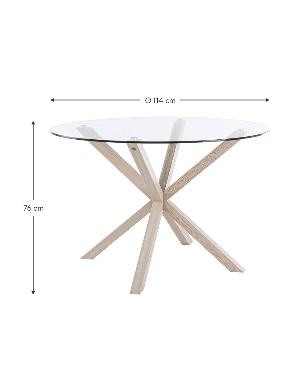 Runder Esstisch May mit Glasplatte, Tischplatte: Glas, gehärtet, Beine: Metall, foliert mit Eiche, Transparent, Ø 114 x H 76 cm