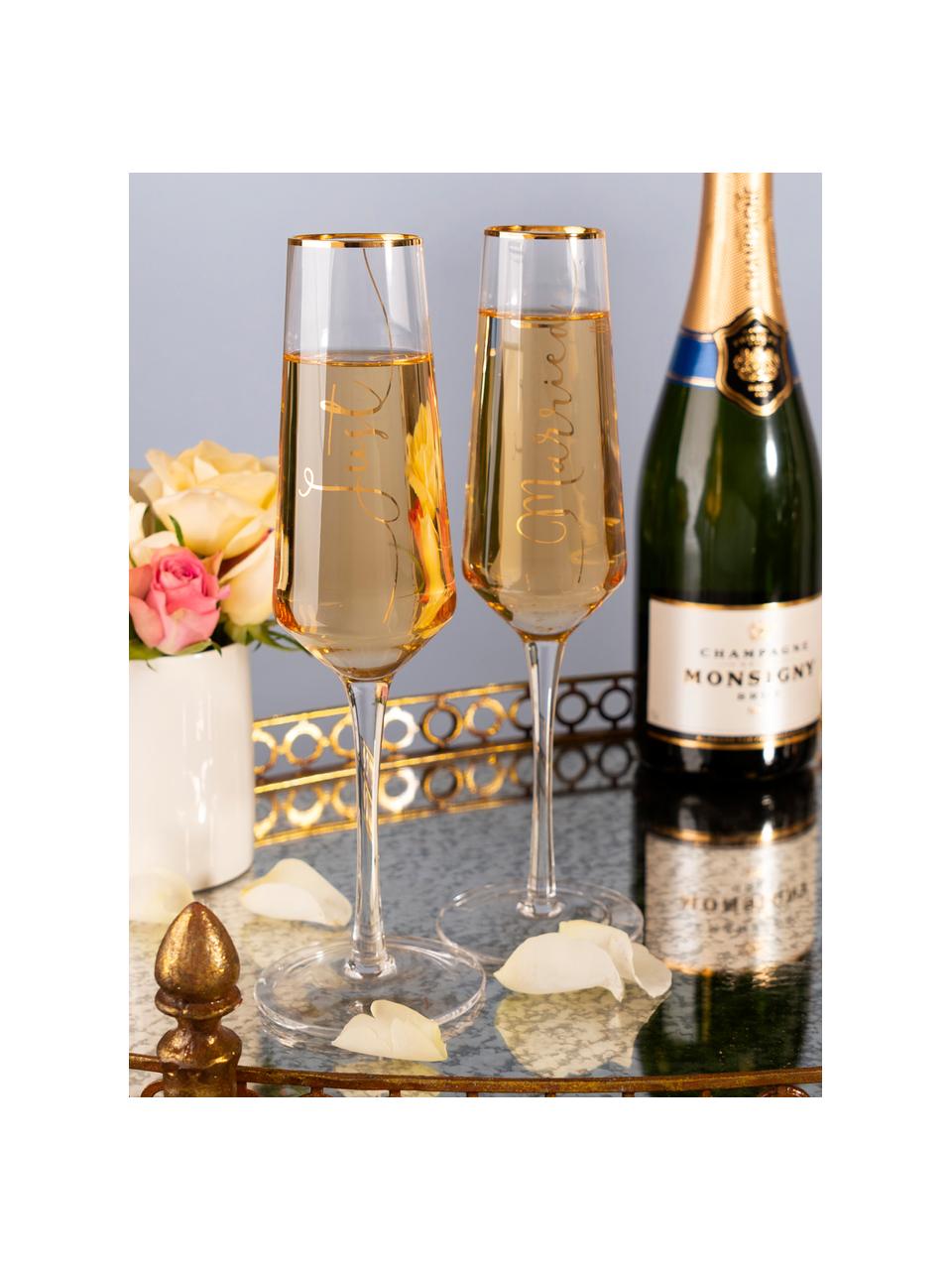 Set 2 flute champagne con scritta dorata Just Married, Vetro, Trasparente, dorato, Ø 6 x Alt. 26 cm