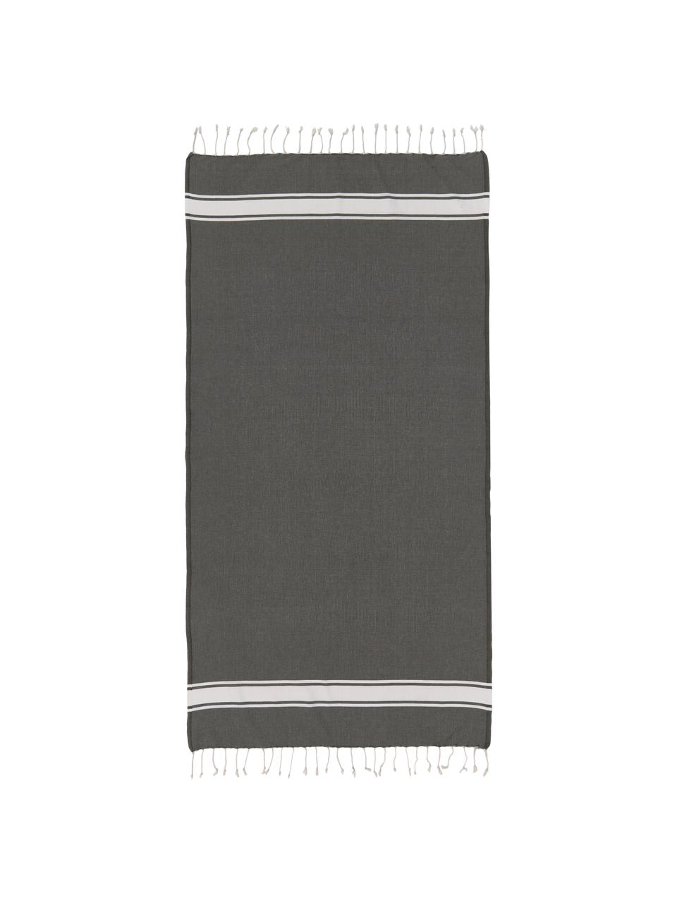 Fouta rayé à franges St Tropez, 100 % coton, Vert foncé, blanc, larg. 100 x long. 200 cm