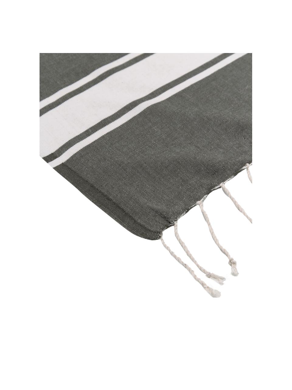 Fouta rayé à franges St Tropez, 100 % coton, Vert foncé, blanc, larg. 100 x long. 200 cm