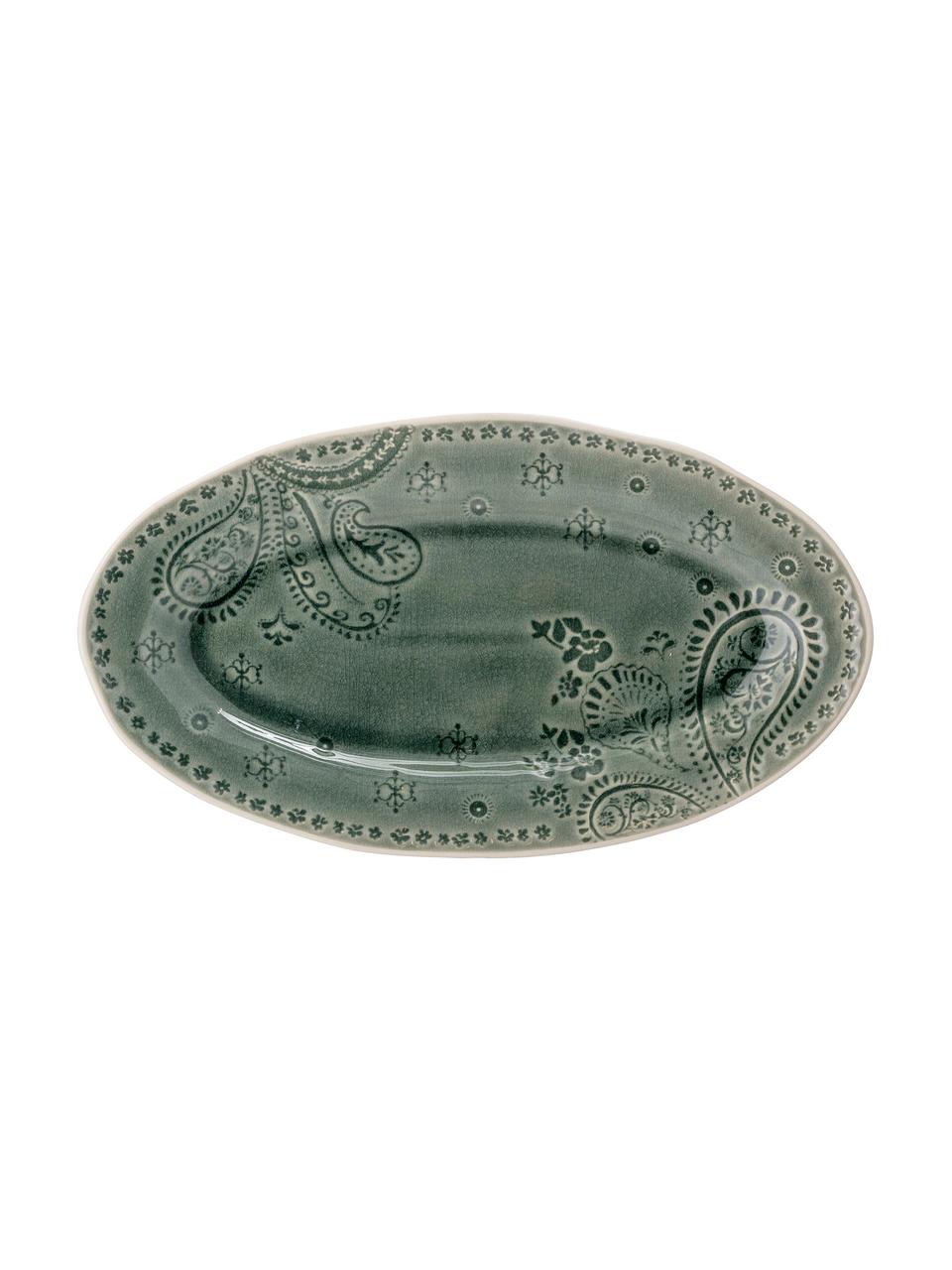 Handgemachte ovale Servierplatte Rani mit Verzierungen, L 35 x B 20 cm, Steingut, Grün, 20 x 35 cm