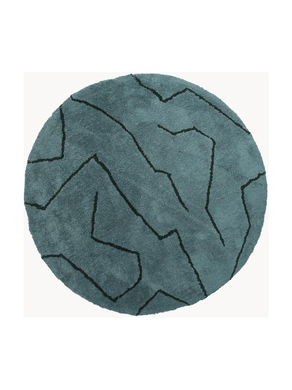 Rond hoogpolig vloerkleed Davin, handgetuft, Bovenzijde: 100% polyester microvezel, Onderzijde: gerecycled polyester, Petrolkleurig, zwart, Ø 120 cm (maat S)