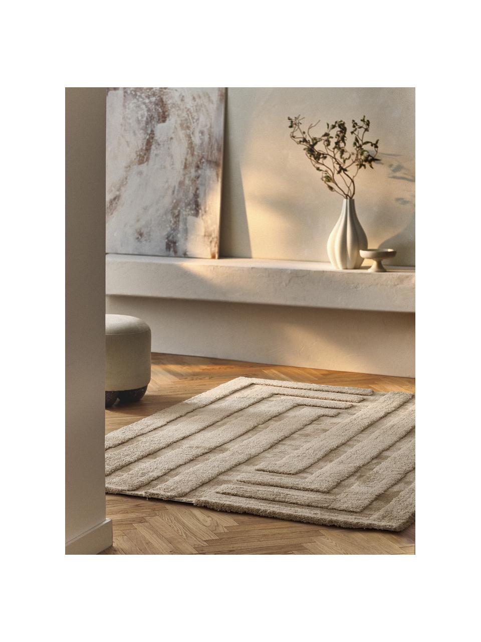 Flauschiger Hochflor-Teppich Genève mit erhabener Hoch-Tief-Struktur, Mikrofaser (100 % Polyester), GRS-zertifiziert, Hellbeige, B 80 x L 150 cm (Größe XS)